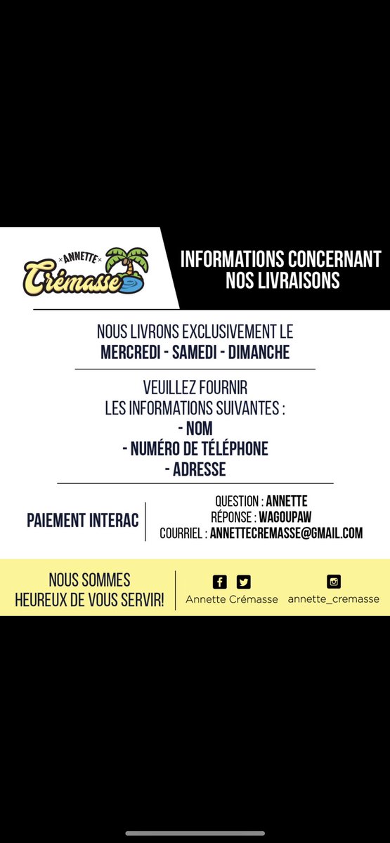 AnnetteCremasse's tweet photo. On demande également à nos clients de respecter l'horaire pour la livraison, car beaucoup nous demandent de livrer à la dernière minute ce qui n'est pas faisable. On vous remercie du fond du coeur pour votre support inébranlable.

Merci, https://t.co/dNYMWmc9je