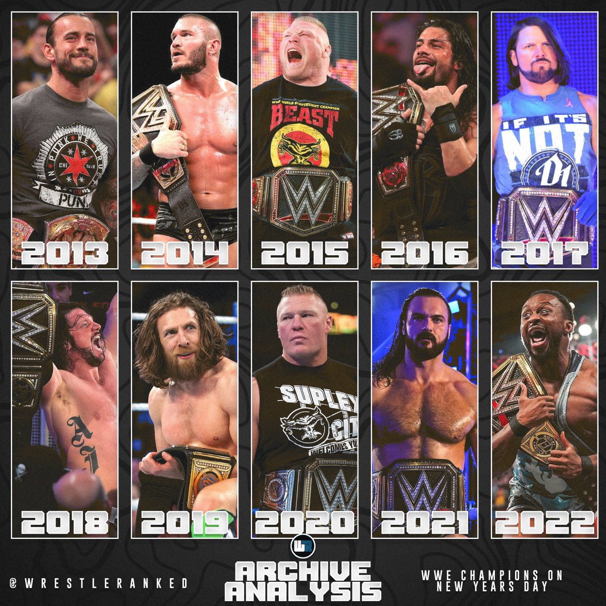 WrestleRanked's tweet photo. 📕ARCHIVE ANALYSIS📕
@WWEBigE walks into #WWEDay1 holding his #WWETitle. We looked back at the 9 men before him who walked into Day 1 of the last 9 years as WWE Champion.

Featuring:
@DMcIntyreWWE 
@BrockLesnar
@bryandanielson 
@AJStylesOrg 
@WWERomanReigns 
@RandyOrton 
@CMPunk https://t.co/CQPigTbyMc