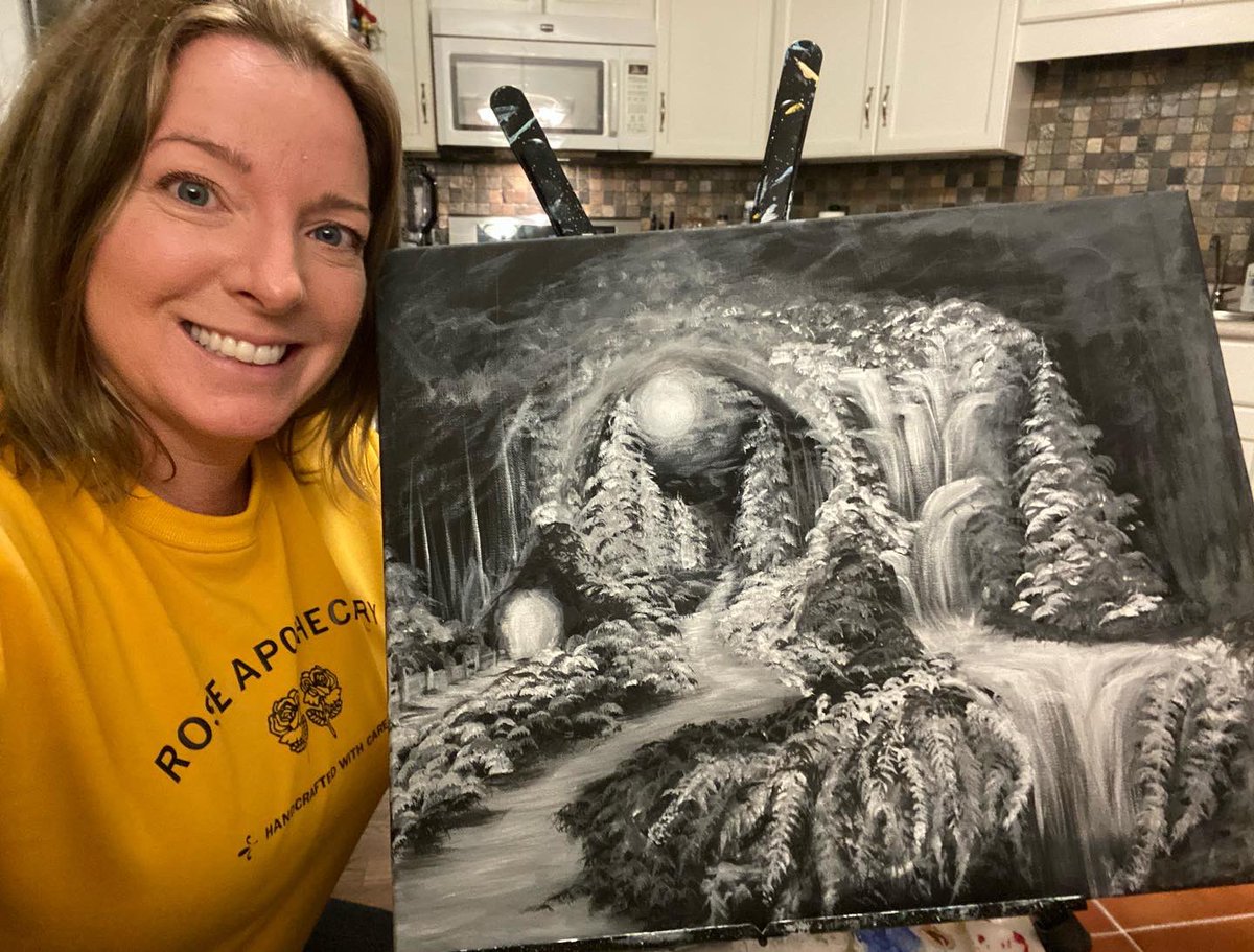 KindbyK's tweet photo. Started the year off with a fantastic HIIT workout and then relaxed in front of a canvas. 
This magical fantasy scene is on 16x20” stretched canvas. Painting it was so peaceful, I nearly slid down the waterfall then climbed back up the path to explore the glowing cave. https://t.co/KmzAHOmV9m