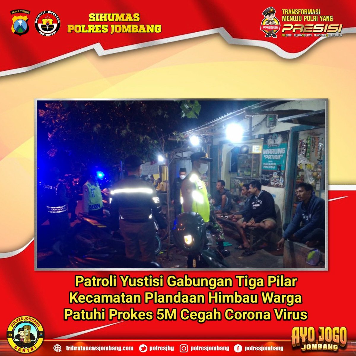 HumasResJBG's tweet photo. Patroli Yustisi gabungan tiga pilar Kecamatan Plandaan himbau warga patuhi protokol kesehatan 5M guna cegah corona virus https://t.co/FQoOh8eD6U
