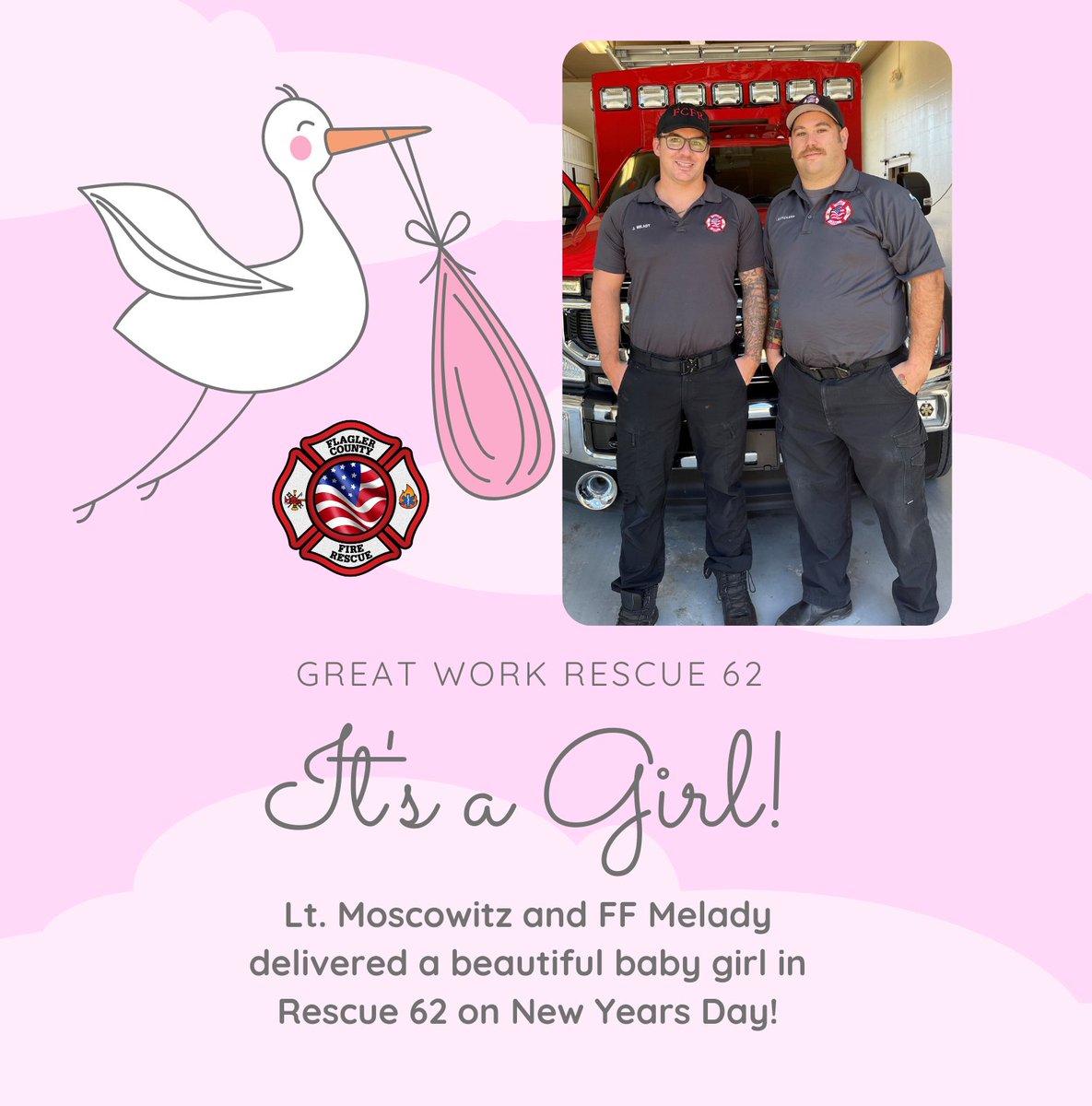 FC_FireRescue's tweet photo. It's a GIRL! Lt. Moscowitz and FF Melady delivered a beautiful baby girl on Rescue 62 today, New Years Day! Mom and baby are at the hospital, doing well! Way to go guys! Thank you for being there for Mom and baby girl! #ff #fcfr #itsagirl #babygirl #newyearsbaby #firefighters https://t.co/1PR6MWKGb6