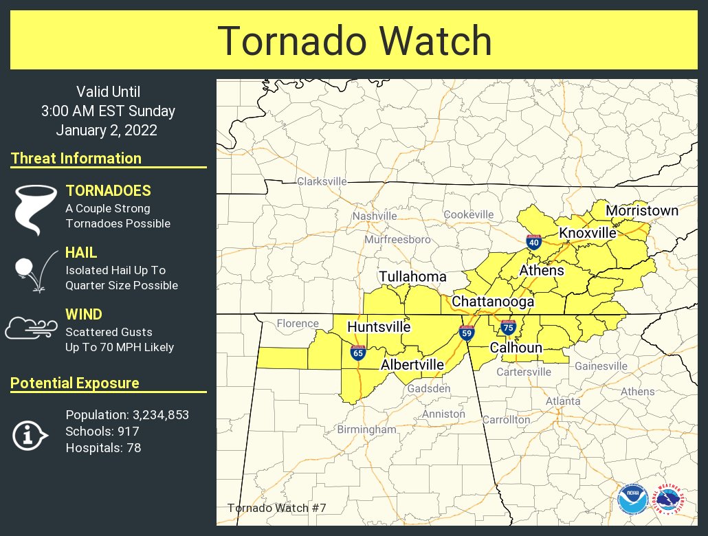 NWSAtlanta's tweet photo. A tornado watch has been issued for parts of Alabama, Georgia, North Carolina and Tennessee until 3 AM EST https://t.co/85QMg5BElA