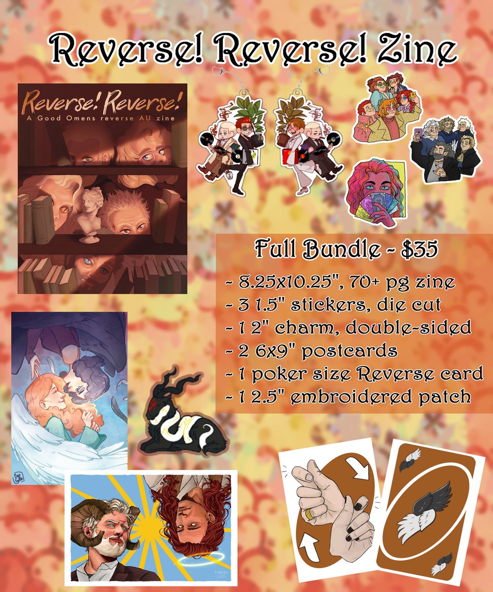 OmensReverse's tweet photo. 🔃PREORDERS OPEN🔃
Preorders for the reverse AU Good Omens zine Reverse! Reverse! are open from Jan 1 - Feb 13! Featuring over 70 pages of swap-tastic content in physical or digital format, amazing merch, and a sponsorship option! Info &amp; links below! #GoodOmens #GoodOmensZine https://t.co/Vy4AtV0Kvp