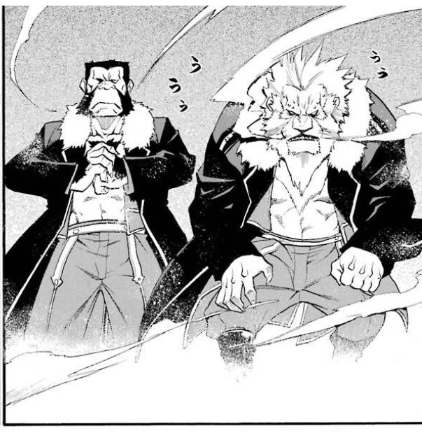 虎モチーフのおっさん作ろうって時にどうしても頭をよぎるのが、ハガレンのキメラのおっさんことハインケルなんですけど、ダリウスとかは見るからにゴリラに変身しそうななりのくせに、ハインケル自体は冷徹そうな見た目なのでキメラ体とのギャップすごいんすよね。これも荒川先生の性癖(以下略