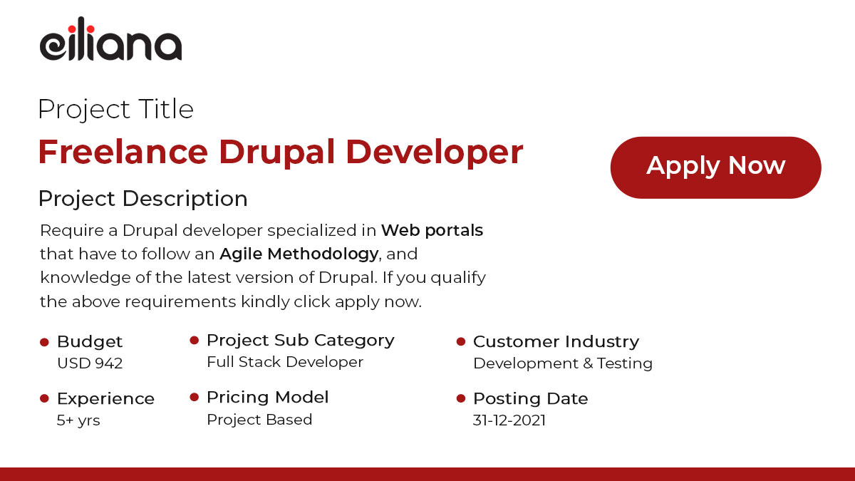 eiliana_world's tweet photo. Lucrative opportunity for #Freelance  #Drupaldevelopers with exceptional technical skills in developing web portals by following an Agile methodology. Potential Drupal experts and developers are already bidding, you can place your bid by signing up with #Eiliana. https://t.co/qf52ylVaOx