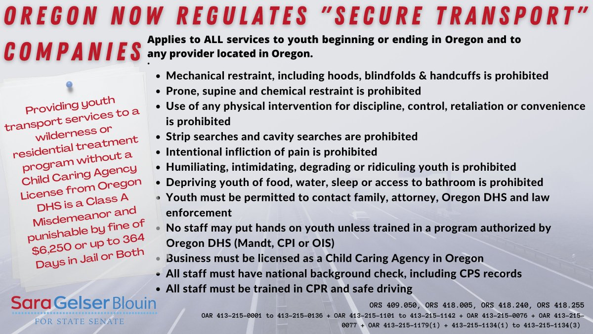 SenSaraGelser's tweet photo. Today OR became 1st state to regulate "secure transport" industry. They're hired to rip kids from beds in middle of night & forcibly take them to wilderness or residential programs. OR is stepping up to end "gooning" #orpol @ParisHilton @endthetti @SpareTheRodNP @mikemckellutah https://t.co/AuMkO9YM8U