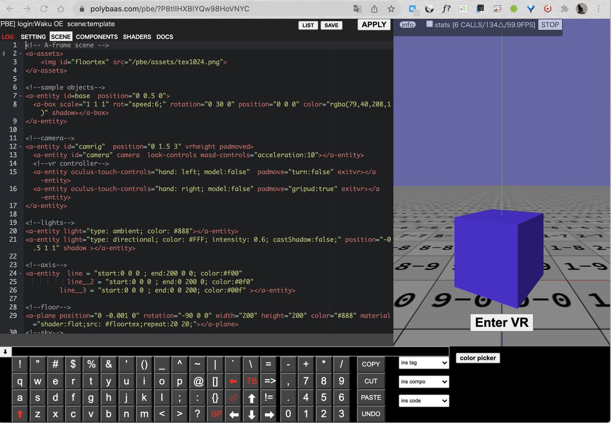 wakufactory's tweet image. ブラウザでできるA-FrameベースのWebVR開発環境、polybaas、公開しました。
主要実行ターゲットは、OculusQuestブラウザで、Quest単体でもPCブラウザでも開発が可能で、作ったものをそのまま公開できます。
polybaas.com
#WebXR #OculusQuest #MataQuest