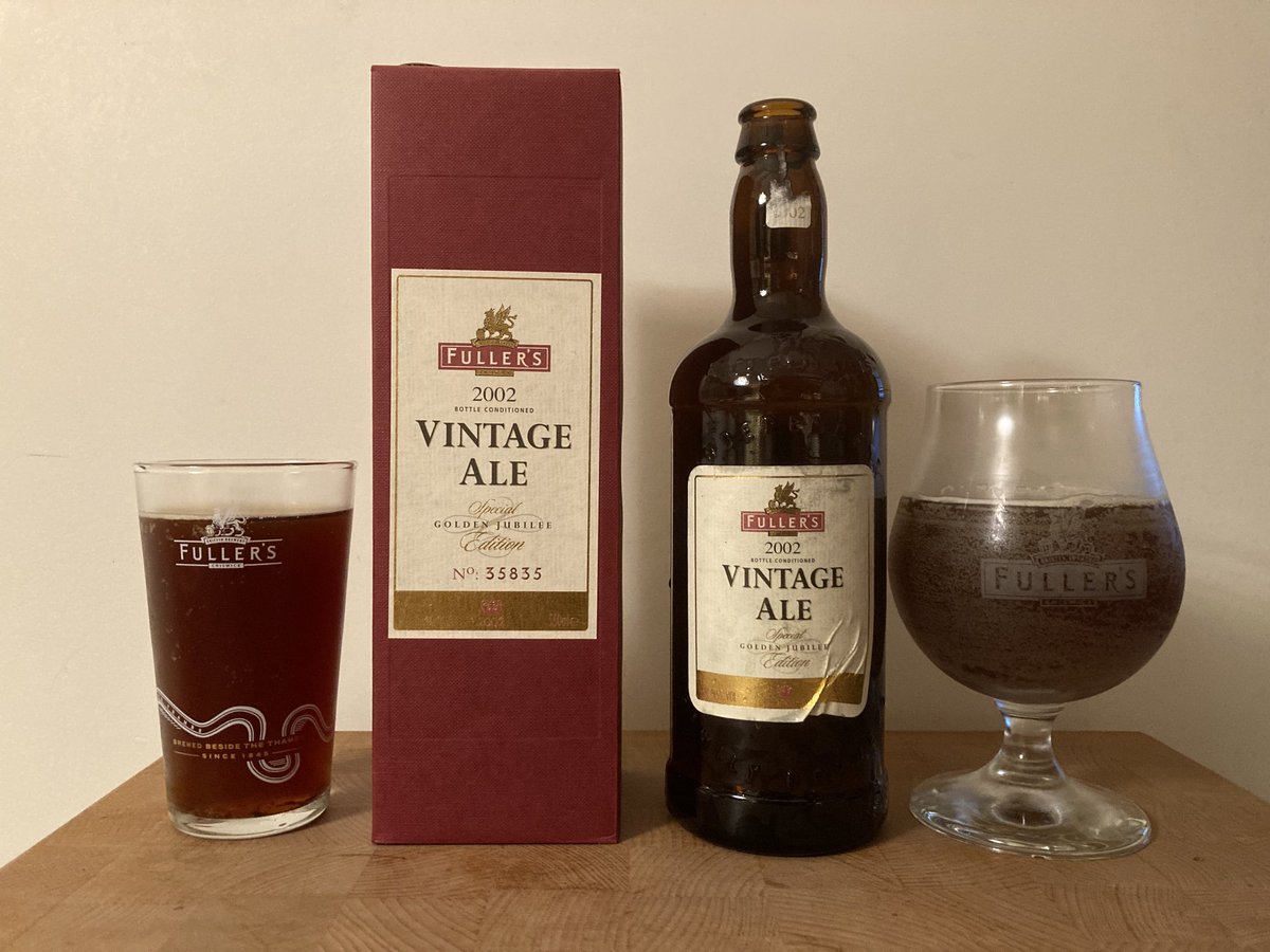 johnstover41's tweet photo. This lovely of 20 years remained quite tasty. Bought in London at ⁦@admiraltylondon⁩ in 2015 when it was already 13 years old. Opened today in Pennsylvania. Brewed for the Golden Anniversary of Queen Elizabeth. @fullers ⁦@FullersJohn⁩ https://t.co/dO9A7poauR