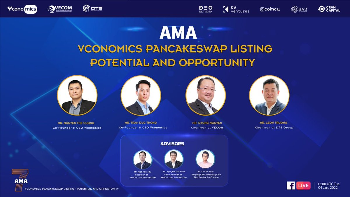 #Vconomics #AMA 06: Vconomics Pancakeswap Listing: Potential &amp; Opportunity

Speakers
Mr. Nguyen The Cuong: Co-Founder &amp; CEO Vconomics
Mr. Tran Duc Thong: Co-Founder &amp; CTO Vconomics
Mr. Dzung Nguyen: VECOM Chairman
Mr. Leon Truong: DTS Chairman

👇Reply below to send questions