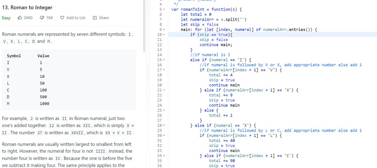 zenemm_'s tweet image. Leetcode 13 (JS):
- Learned to iterate over index and values of an array using array.entries().
- Also made use of continue statements w/ label to skip a loop iteration.
Code did get quite messy/long, surely there's a cleaner way?
#100daysofcode #codesolution