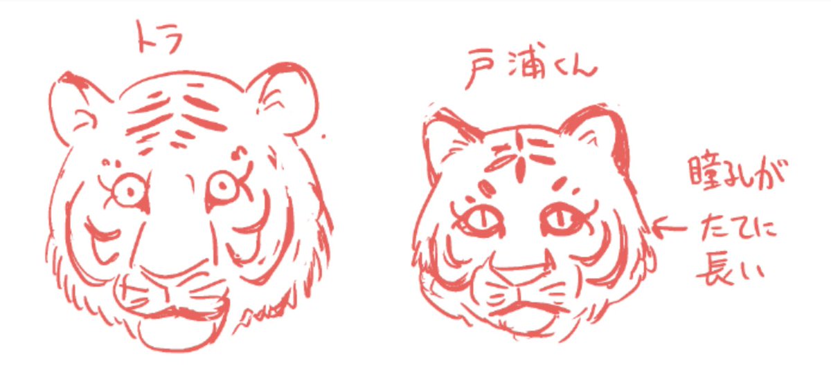 寅年といえば、虎の瞳孔を猫のと同じ縦長だと思い込んでいて、自分の漫画の虎男子・戸浦くんをうっかり猫目にしちゃったんですけど

昔の日本画の虎もそういう風に猫目で描かれてたのは、日本にトラがいなくて実際に見た人がいなかったからじゃないかっていう説を聞いたような聞いてないような 