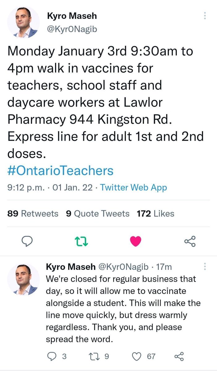 BYRYouth's tweet photo. WALK IN vaccines for teachers, school staff, and daycare workers on Monday, January 3, 9:30am to 4:00pm. Lawlor Pharmacy, 944 Kingston Road. Express line for ADULTS first and second doses https://t.co/kZxC8XyH78