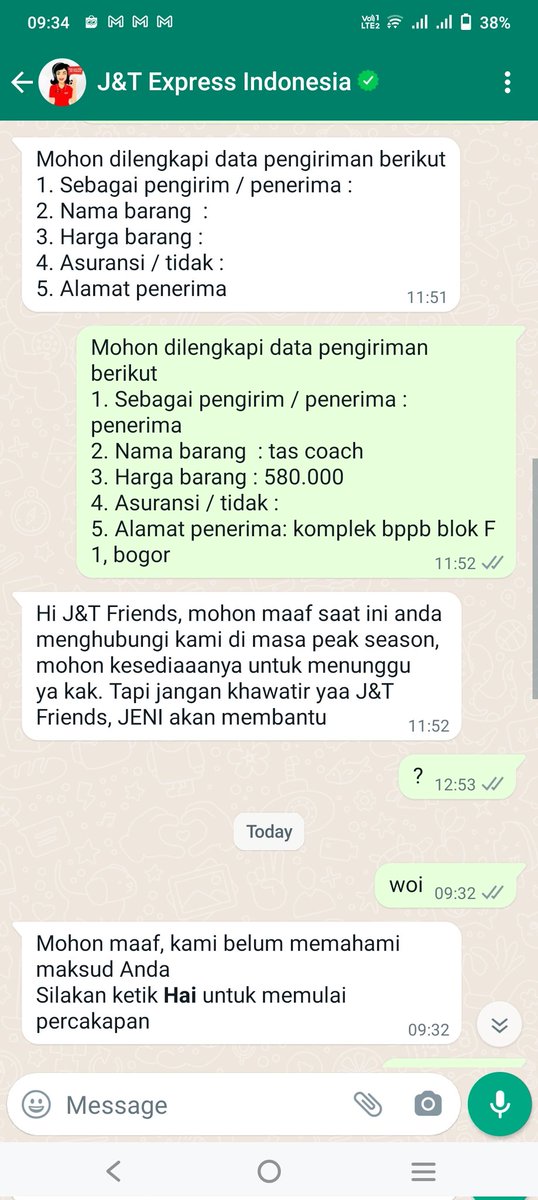 dikirim dr tgl 29  des 21 dr tangerang ke bogor sudah 5 hari tidak sampai.. dichat csnya cm bilang peak season, 
sy order brg lain pakai kurir lain semua rata2 1-2 hari jg sudah sampai
pelayanan JnT kok gini ya