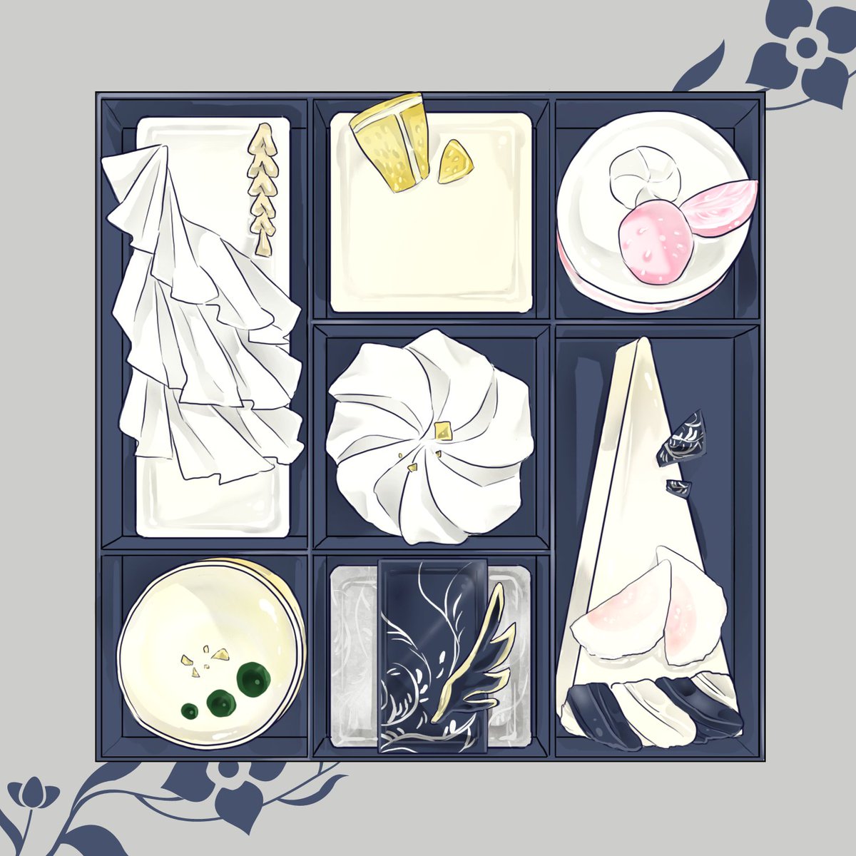 「おせちっぽいかもしれない極ケーキセット(鶴丸/明石/清光/小狐丸) 」|つばめのイラスト