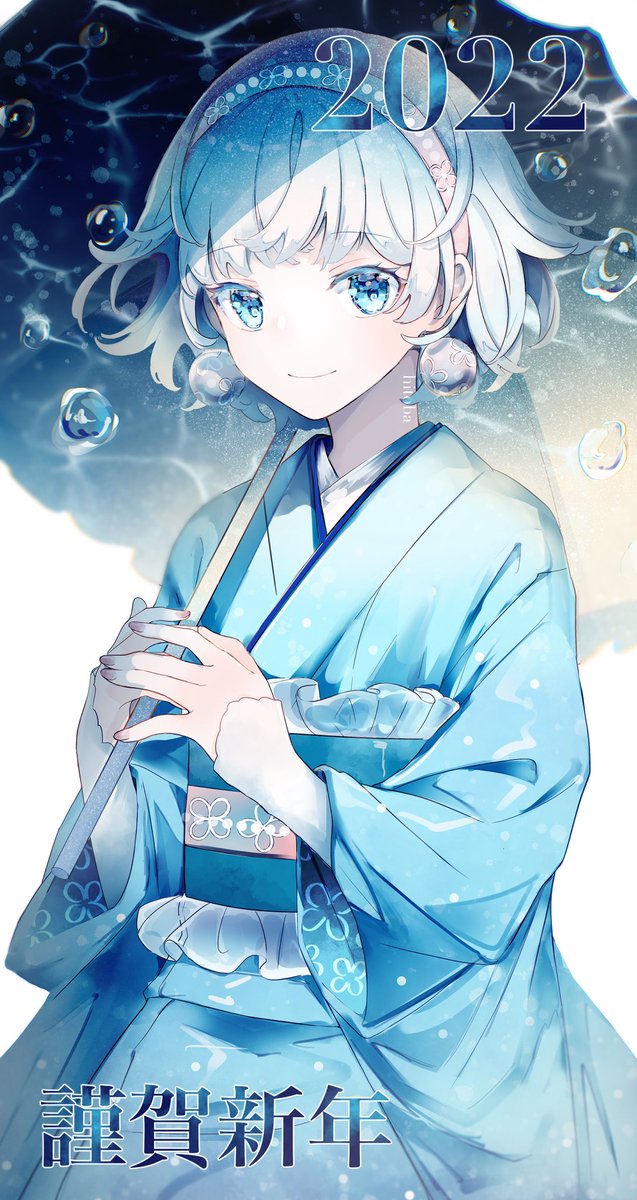 1girl solo kimono japanese clothes blue eyes umbrella short hair  illustration images