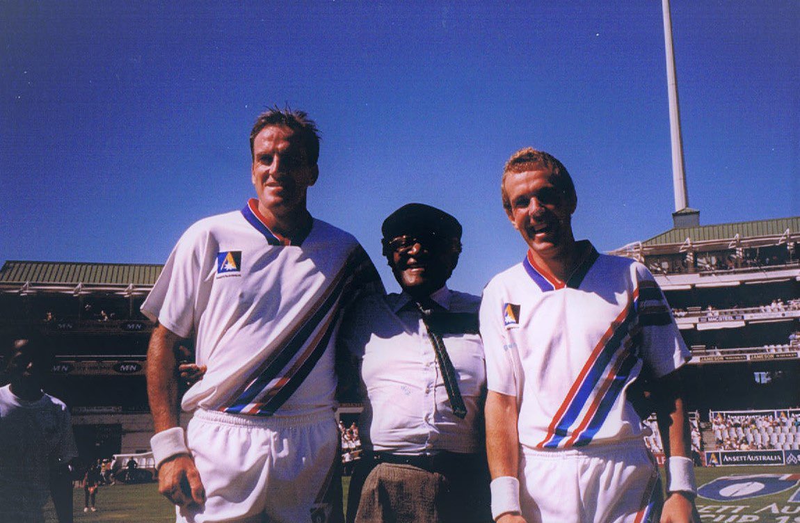 A memory with the late Archbishop Desmond Tutu,photo taking at the Newlands Cricket Ground in Cape Town before the game between Brisbane v Fremantle 1998 Ansett Cup with Andrew Wheeler