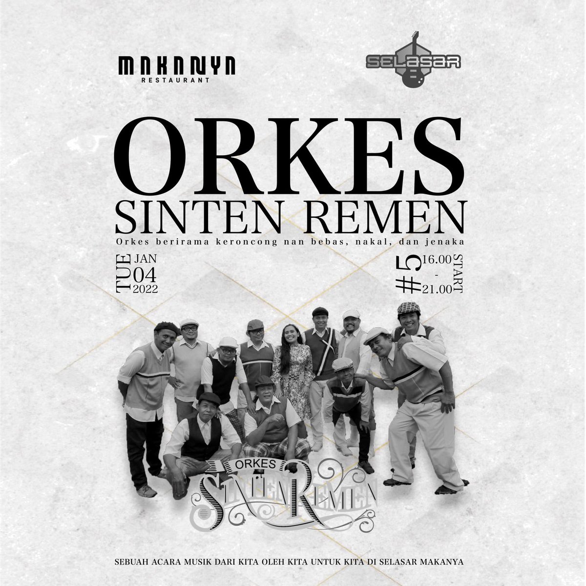 tommydharma's tweet photo. Memulai awal tahun dengan orkesan🕺
Orkes Sinten Remen, Selasa, 4 Januari di @makanyajogja.
#Selasar https://t.co/C7wUWEt0AC