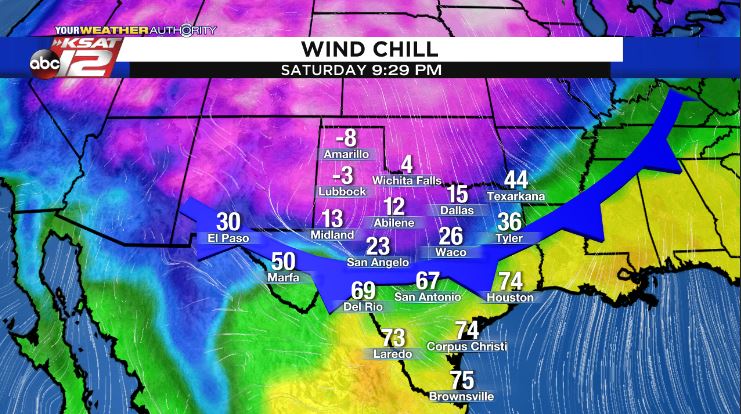 KSATSarahSpivey's tweet photo. Sat 9:30 PM

Yup...that's a wind chill of -8° in Amarillo behind the cold front. By sunrise, wind chills will be in the teens &amp; 20s around San Antonio.

But don't worry...this is NOTHING like February 2021's winter storm, when we were below freezing for 4 days. #KSATweather https://t.co/vhkeP2oflI