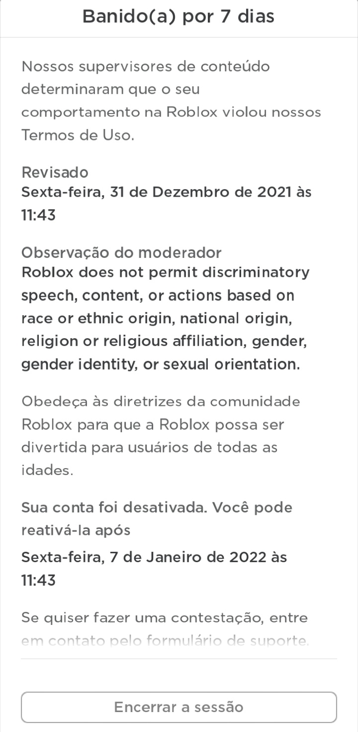 P A T T Y on X: Fui banida do roblox por 7 dias dnv por certas falas 😍   / X