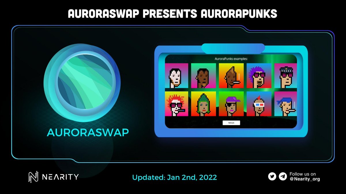 Nearity_org's tweet image. 🥳 @AuroraSwap presents #AuroraPunks

#AuroraPunks is a Punks themed NFT collection on the @auroraisnear Chain 🤩

⏰ Minting begins at 20:00 EST

Check out:
🔵 aurorapunks.art

#Nearity #NEAR #AURORA