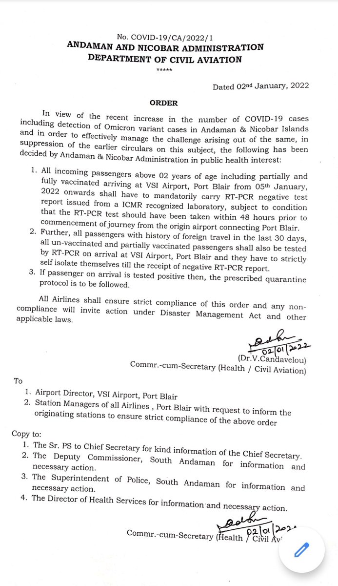 Covid testing protocols amended for people coming to Port Blair from mainland in light of the increasing Omicron cases. <a href="/Andaman_Admin/">Andaman and Nicobar Admn</a> @aaipblairport @airindiain <a href="/IndiGo6E/">IndiGo</a> <a href="/GoFirstairways/">GO FIRST</a> <a href="/flyspicejet/">SpiceJet</a> <a href="/airvistara/">Vistara</a>