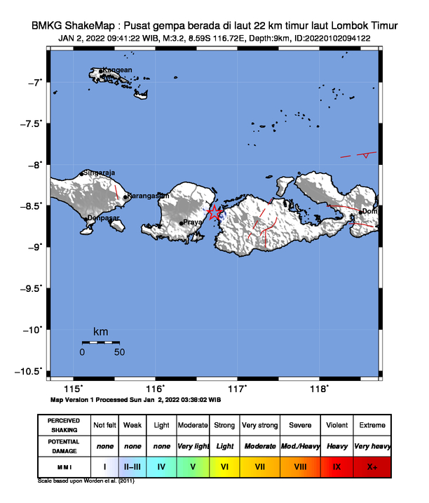 #Gempa Mag:3.2, 02-Jan-22 09:41:22 WIB, Lok:8.59 LS, 116.72 BT (Pusat gempa berada di laut 22 km timur laut Lombok Timur), Kedlmn:9 Km Dirasakan (MMI) III Lombok Timur, II Sumbawa Barat #BMKG