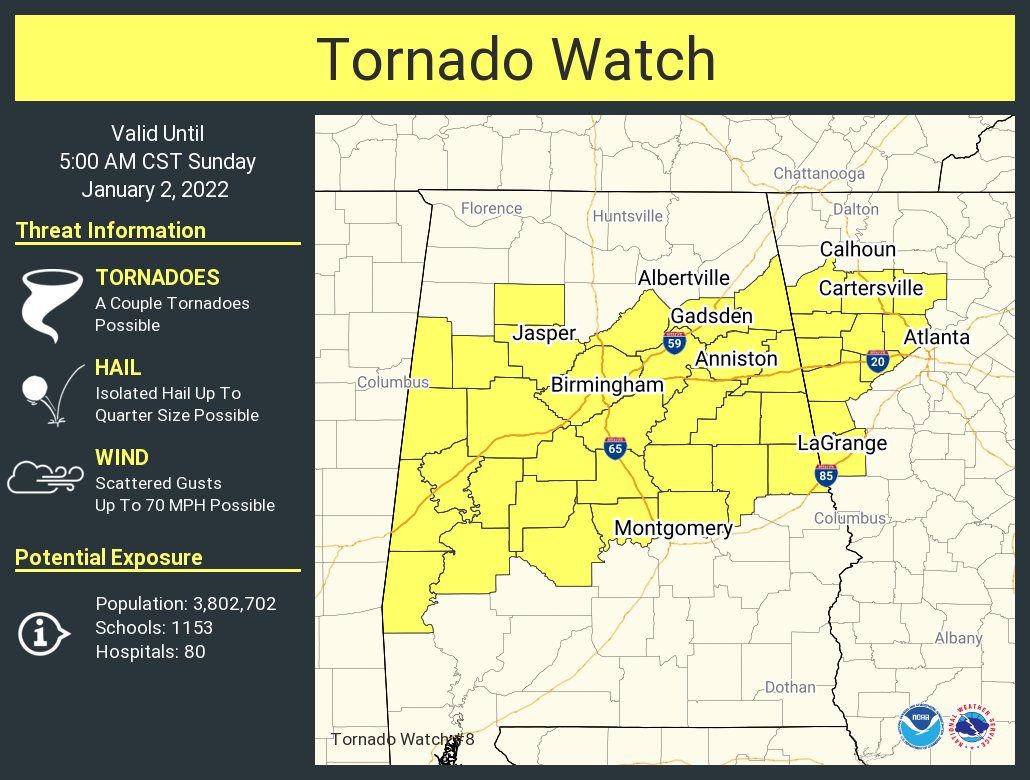 NWSAtlanta's tweet photo. A tornado watch has been issued for parts of Alabama and Georgia until 5 AM CST https://t.co/0JFkBmX226