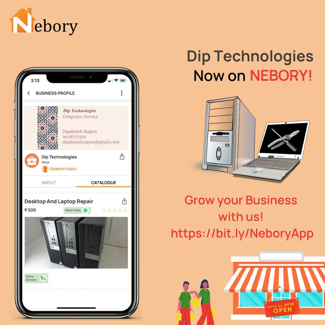 NeboryApp's tweet photo. NEBORY provides an excellent opportunity for homepreneurs to feature your products/services on  "Nebory Social Market Place" to get more business.  Let's welcome aboard "Dip Technologies" on Nebory - Doorstep computer repair services.

#celebratinghomepreneur https://t.co/KjRMy2fzvn