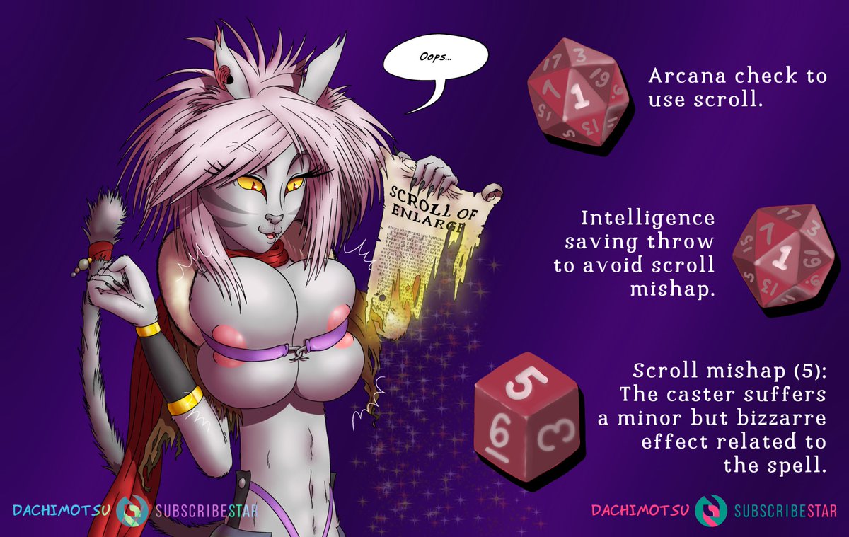 Dachimotsu's tweet photo. Cam'Wethrin (my OC/avatar). 
This is legal in D&amp;D 5e. You just need a cooperative DM, a lot of luck, and the optional "scroll mishaps" rule (DMG 140).
#nsfw #expansion #inflation #inflationart https://t.co/NqAxj411SO
