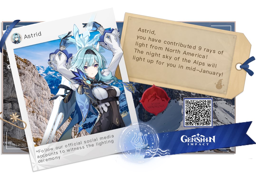 UrbanElf's tweet image. Made my souvenir card for the Alps event! Excited to see the lit waypoint and tree of wishes 🗻❄️✨ #LightUpTheAlps #GenshinImpact