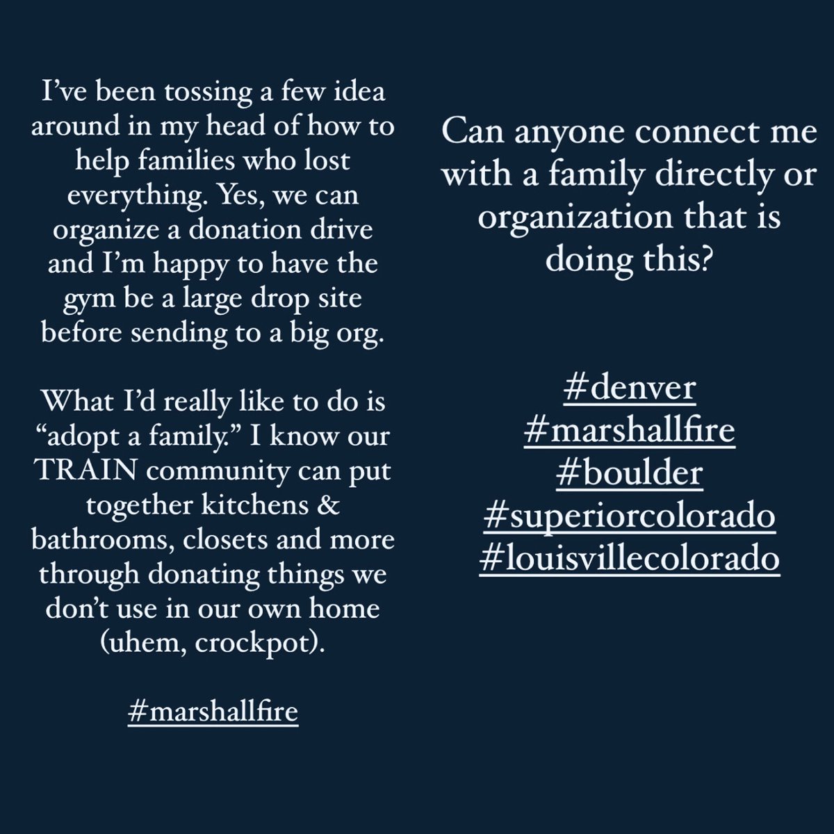 We are looking to adopt families who we can donate misc household items to help with their move to new housing. #marshalfire