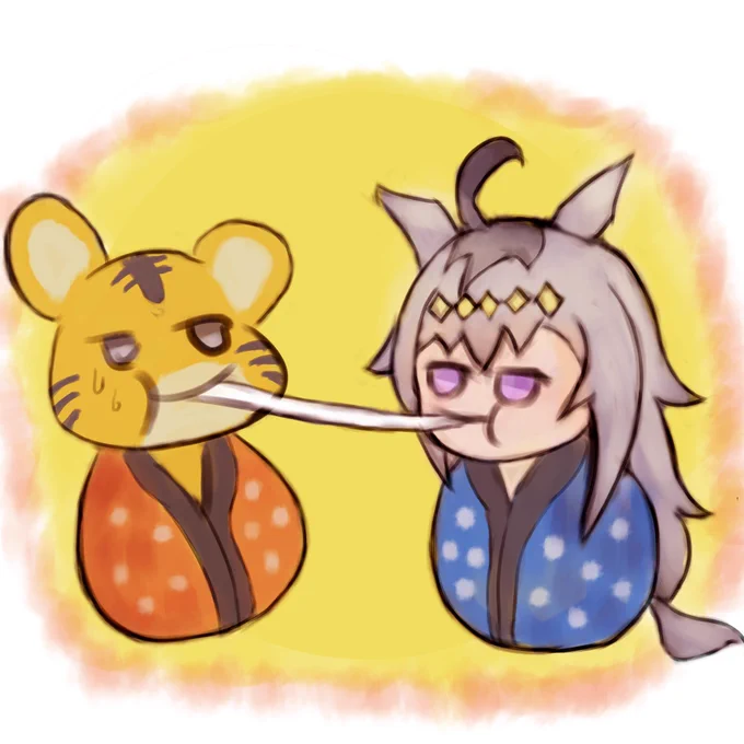 書初めはトラと仲良く餅を食べるオグリの絵です#ウマ娘 #オグリキャップ 