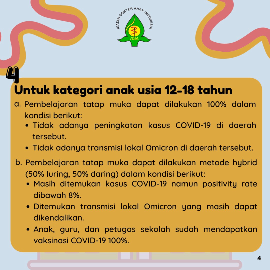 idai_tweets's tweet photo. Berikut rekomendasi dari Ikatan Dokter Anak Indonesia terkait pembelajaran tatap muka di Masa Pandemi COVID-19 (pemutakhiran 2 Januari 2022). Baca naskah lengkap melalui tautan berikut: https://t.co/Z22AUBTmHc
#COVID19
#RekomendasiIDAI
#IDAIStatement
#PTM
#PembelajaranTatapMuka https://t.co/3Dft6QjKiP