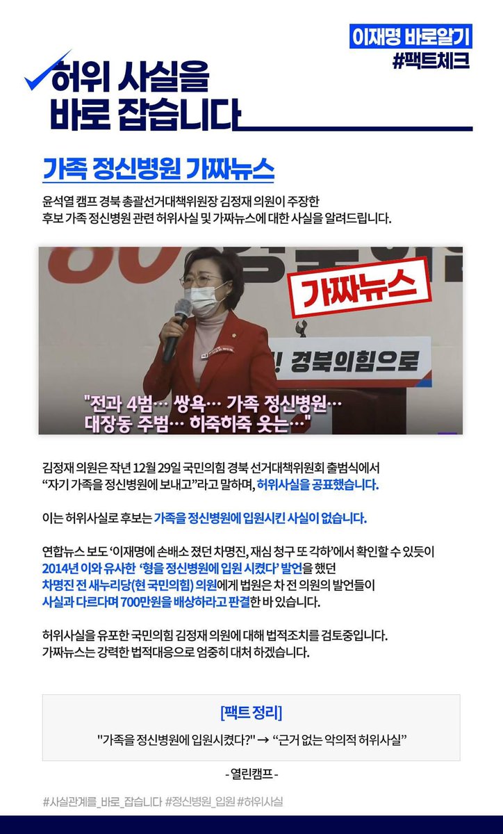 <가족 정신병원 가짜뉴스>
김정재 의원 “자기 가족을 정신병원에 보내고” 발언은 허위사실로 2014년 ‘형을 정신병원에 입원 시켰다’고 발언한 차명진 전 의원에게 법원은 발언들이 사실과 다르다며 700만원을 배상하라고 판결한 바 있습니다.

blog.naver.com/jaemyunglee/22…