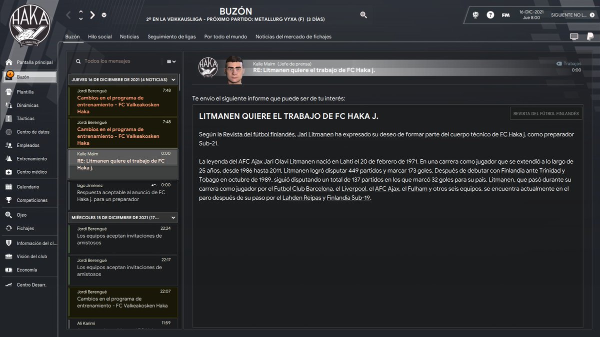 amg866's tweet photo. ⭐️¡¡Gran incorporación al staff técnico del equipo sub-21!!⭐️¡Todo un lujo el tenerle entre nosotros! @JariLitmanen10 @FCHakaOfficial #Veikkausliiga ⚫️⚪️ #FM22 https://t.co/xZGYUFforp