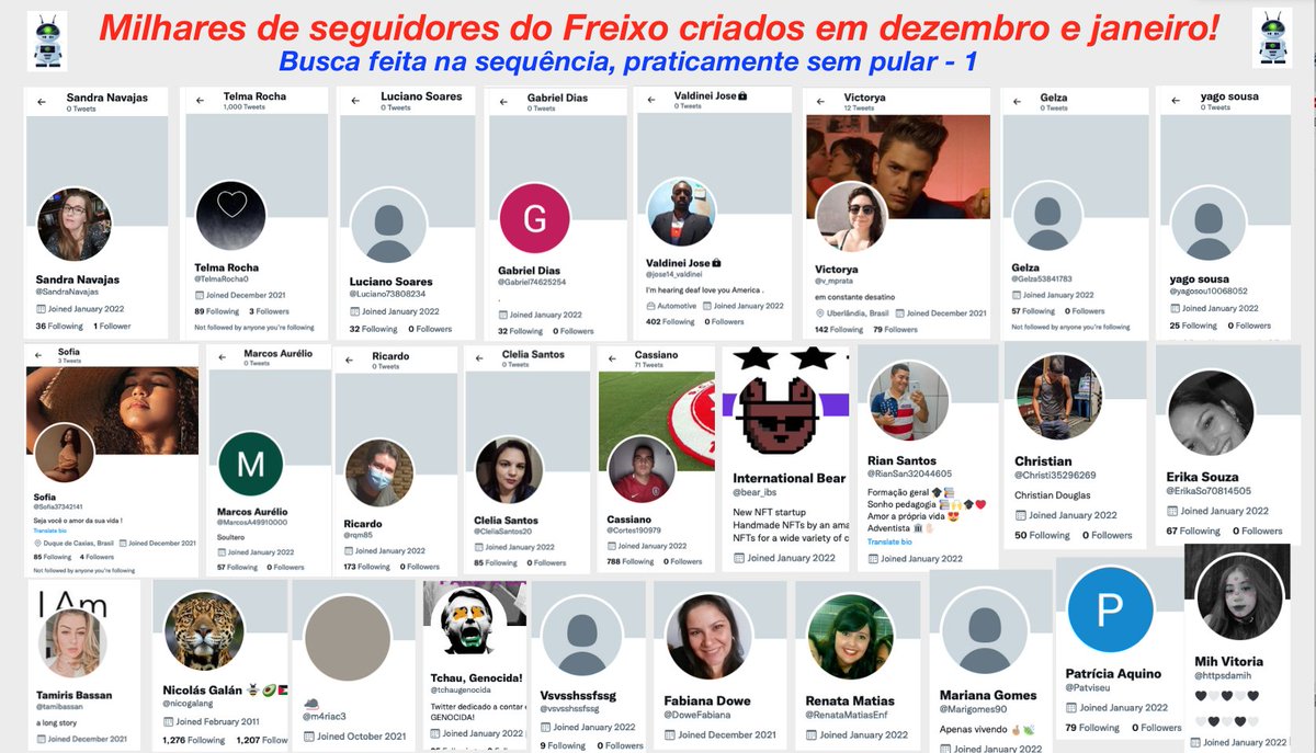 OnlyFreedomisO1's tweet photo. @MalyaIi @Bia_apropria Muitos perfis antigos com poucos seguidores, esquisito mas não quer dizer muita coisa.

Estranho mesmo é isso. Milhares de perfis abertos pela sequência criados ontem e hoje, e no final do ano.
Sem foto, sem infos.

2022 vai ser o ano da robozada! https://t.co/G7lznvd9RL