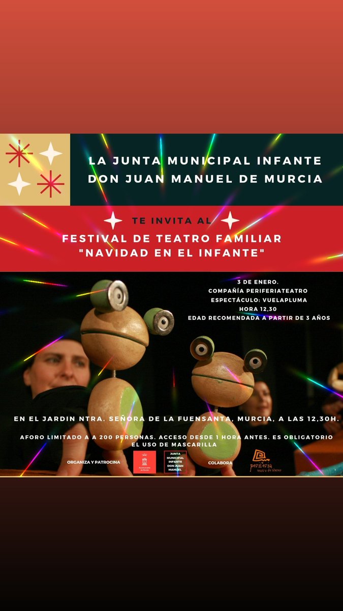 Mañana, 3 de enero, a las 12,30 , jugamos en el Infante Don Juan Manuel de Murcia, con el espectáculo familiar "Vuelapluma". ¿Sabías que fue elegido por el jurado infantil del festival internacional de marionetas de Tolosa, como mejor espectáculo de marionetas para la infancia?