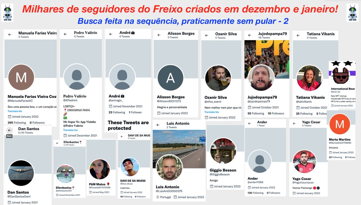 OnlyFreedomisO1's tweet photo. @MalyaIi @Bia_apropria Muitos perfis antigos com poucos seguidores, esquisito mas não quer dizer muita coisa.

Estranho mesmo é isso. Milhares de perfis abertos pela sequência criados ontem e hoje, e no final do ano.
Sem foto, sem infos.

2022 vai ser o ano da robozada! https://t.co/G7lznvd9RL