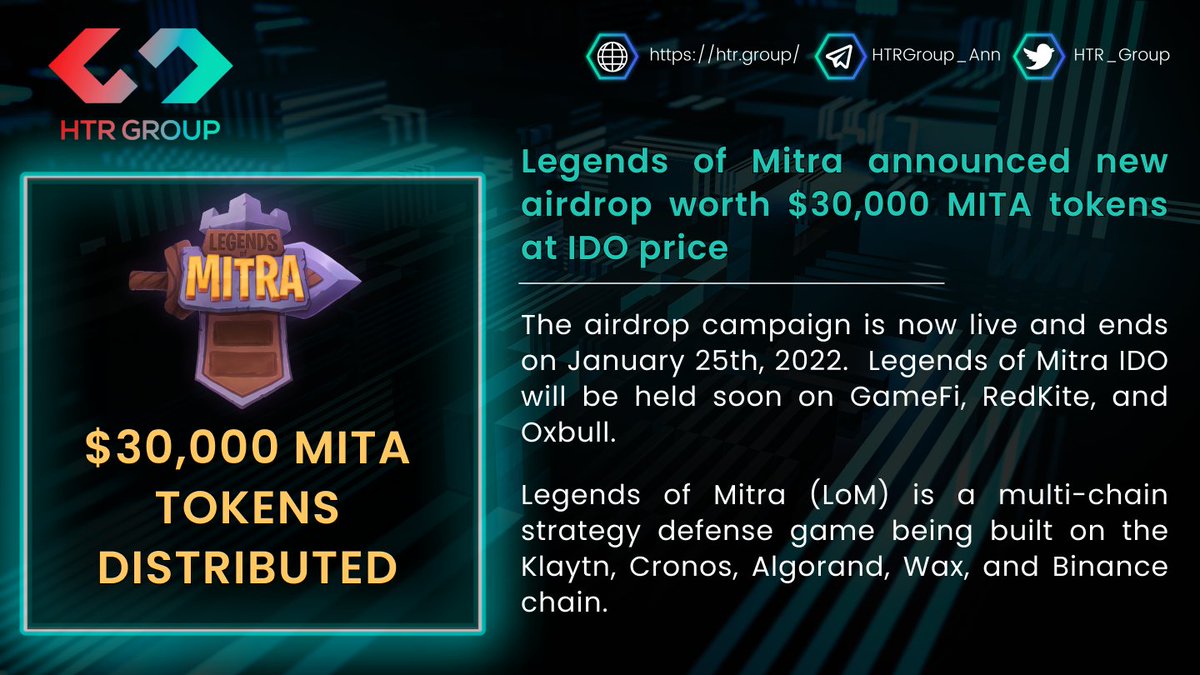 HTR_Group's tweet photo. ✨@LegendsOfMitra announced new airdrop worth $30,000 MITA tokens at #IDO price

The airdrop campaign is now live and ends on January 25th, 2022.  Legends of Mitra IDO will be held soon on GameFi, RedKite, and Oxbull.

Join the airdrop 👉 https://t.co/VkVpBpj1M8 https://t.co/vA4Je7bmRd