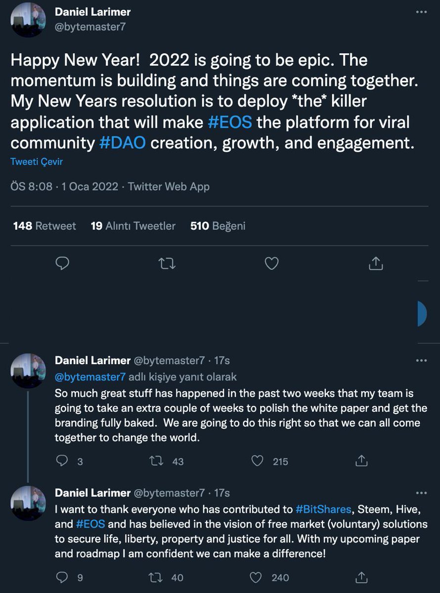 yoyodexnews's tweet photo. 📍EOS'un kurucusu Daniel Larimer, EOS için:
“Yeni Yıl kararım, viral topluluk #DAO oluşturma, büyüme ve katılım yapacak *son* uygulamayı yaymak.” olacak dedi. $EOS #EOS #EOSUSDT #eosdao https://t.co/GQHIysrkYu