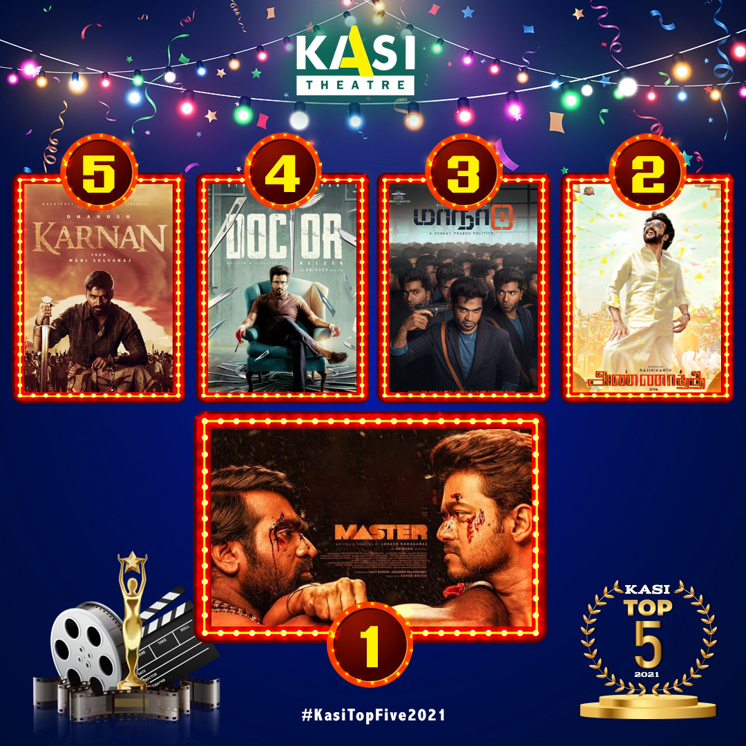 kasi_theatre's tweet photo. #KasiTopFive2021 

1. #Master 
2. #Annaatthe 
3. #Maanaadu 
4. #Doctor 
5. #Karnan 

#Kasi4kDolbyAtmos https://t.co/aPGlS5LRA3