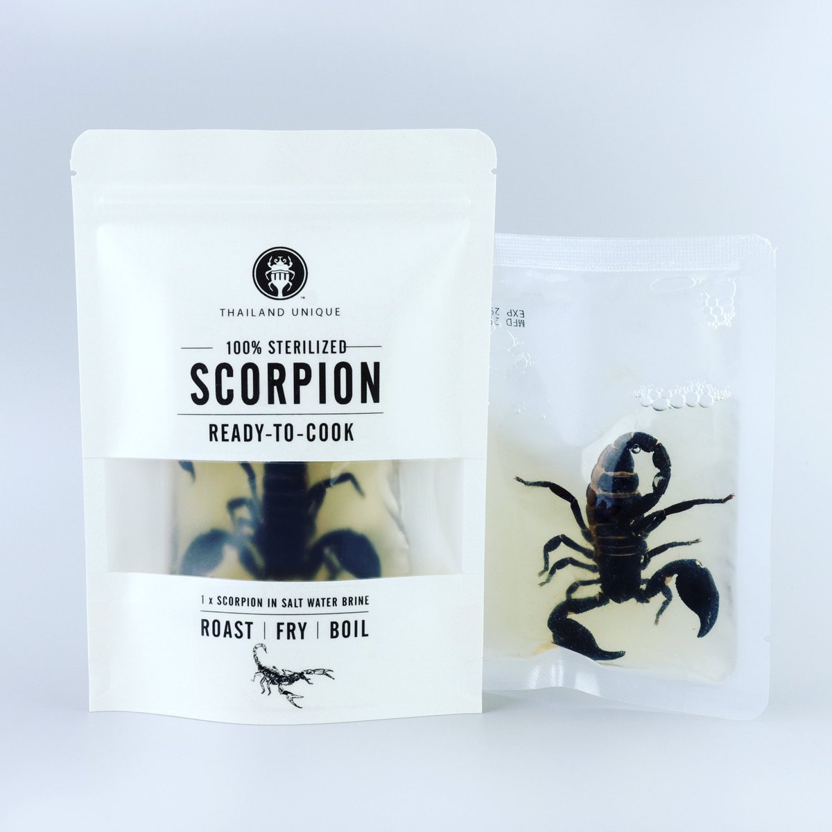 thailandunique's tweet photo. New for 2022. Sustainably sourced Asian Forest scorpion in a unique retort pouch. Ready for cooking. 18 months shelf-life at room temperature. #edibles #scorpion #newfoods https://t.co/A0bi3QuX1v https://t.co/OmzneorYfU