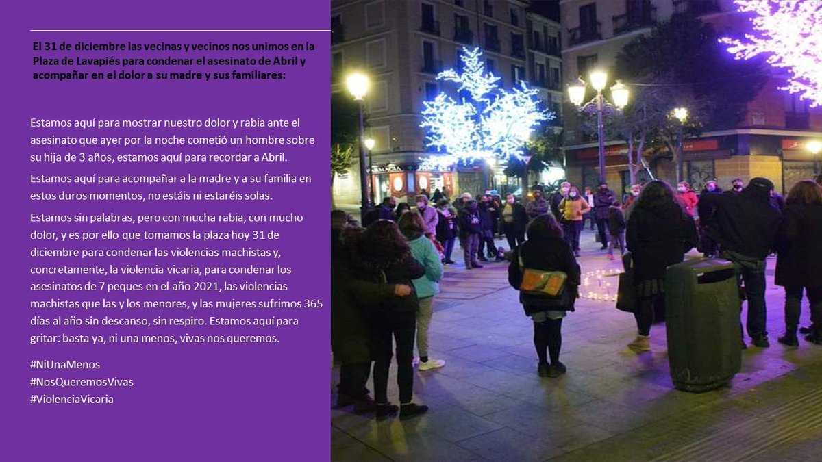 8Lavapies's tweet photo. En la tarde del 31 de diciembre las vecinas de  #Lavapiés nos encontramos en la Plaza, unidas en el dolor y contra la #ViolenciaMachista. Estas fueron las palabras que compartimos...
#NiUnaMenos 
#nosqueremosvivas 
#ViolenciaVicaria https://t.co/xICXnTvTpw