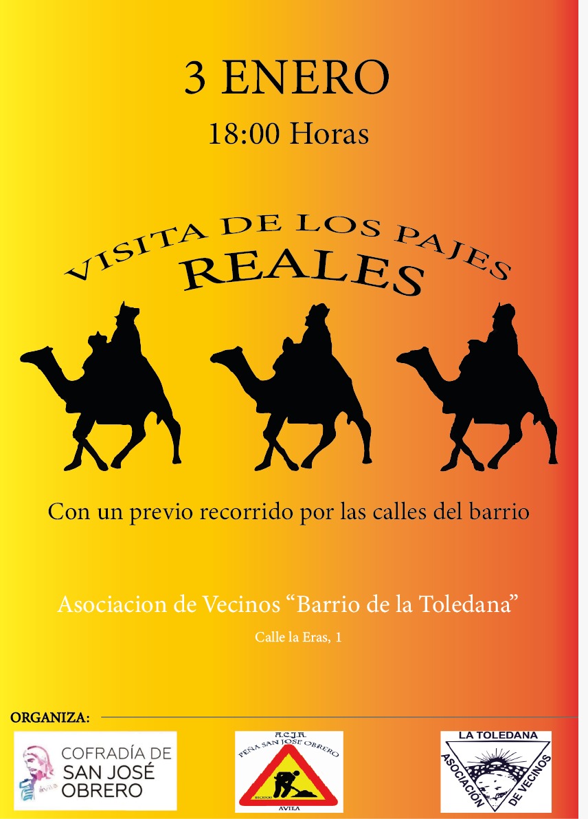 AvToledana's tweet photo. El próximo 3 de enero, #SSMM los #PajesReales visitarán #LaToledana #Ávila con un recorrido por las calles del barrio y terminado recogiendo vuestras #Cartas en la sede C/ Las Eras a las 18:00 ¡¡Os esperamos!! Junto a @sanjose_avila @SanJoseObreroAv https://t.co/ZwkQIlvpQ6