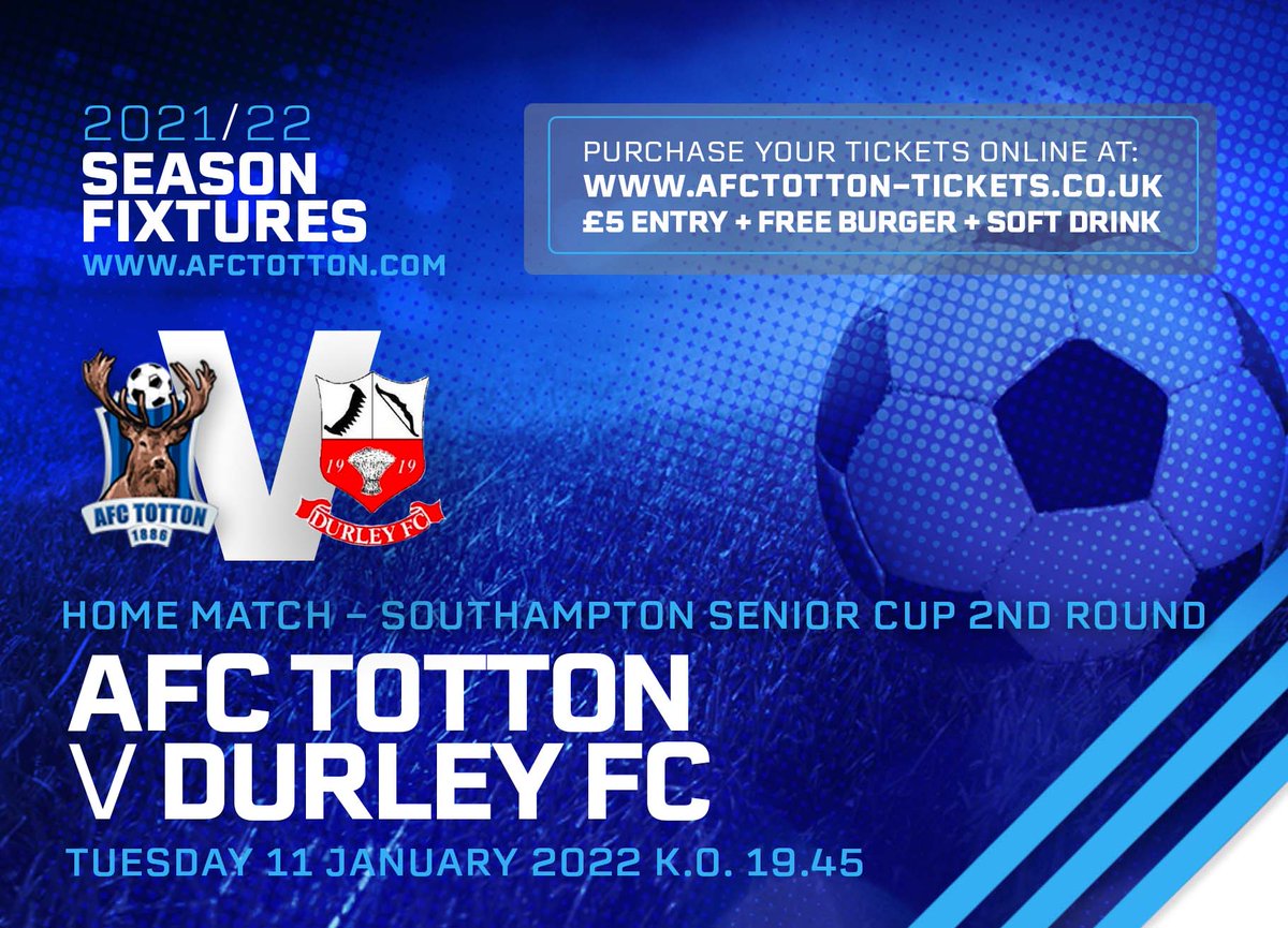 Next Up more Cup Action at the Snows Stadium.
⚽️ SDFA Cup 2nd Round
🆚 <a href="/durley_fc/">Durley FC</a> 
📅 11 Jan 2022
⏰ 7.45pm
🏟️ <a href="/SnowsGroup/">Snows</a> Stadium
🚙 SO40 2RW
🎟️ £5
Free🍔 &amp;🥤 for 1st 200 tickets purchased online:
afctotton.ticketco.events/uk/en