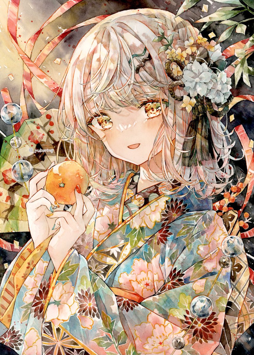 1girl kimono japanese clothes hair ornament solo hair flower flower  illustration images