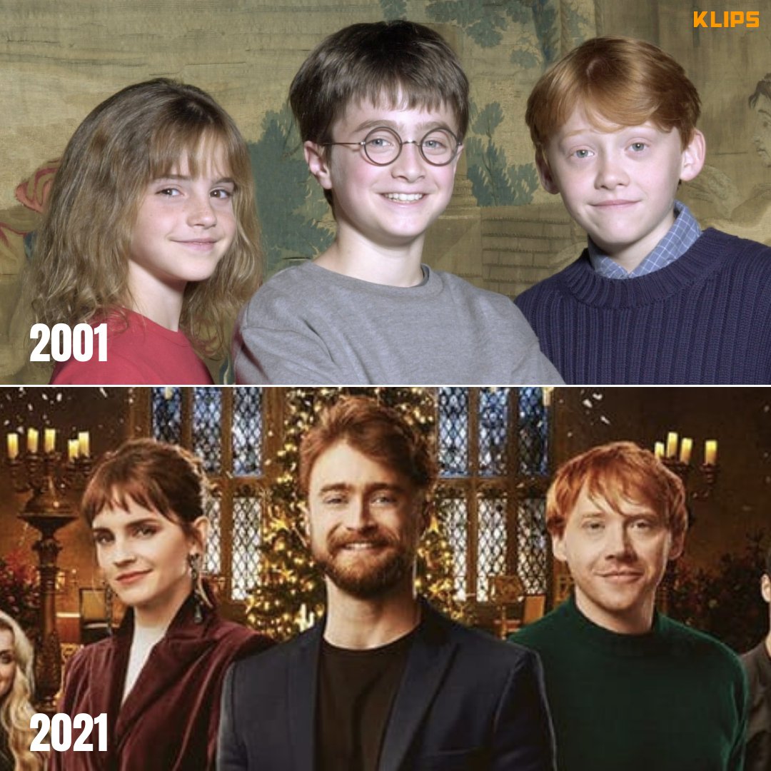 klipsmalaysia's tweet photo. The Golden Trio - then and now #HarryPotter20thAnniversary https://t.co/1VBJ93xHAF