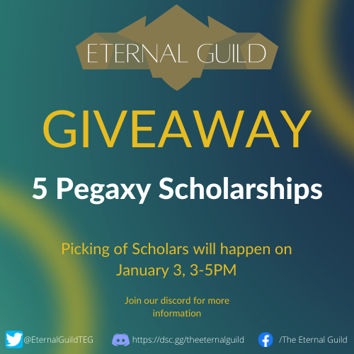 EternalDAO__'s tweet photo. Twitter Pegaxy Scholarship Giveaway!
We will be picking 5 scholars!
Mechanics:
Like this Post & Retweet
Join our Discord Server:https://t.co/P5UUu5863l
Comment your Discord ID, Metamask Address with the tags #TEG #EternalGuild https://t.co/rEcahRqxCv