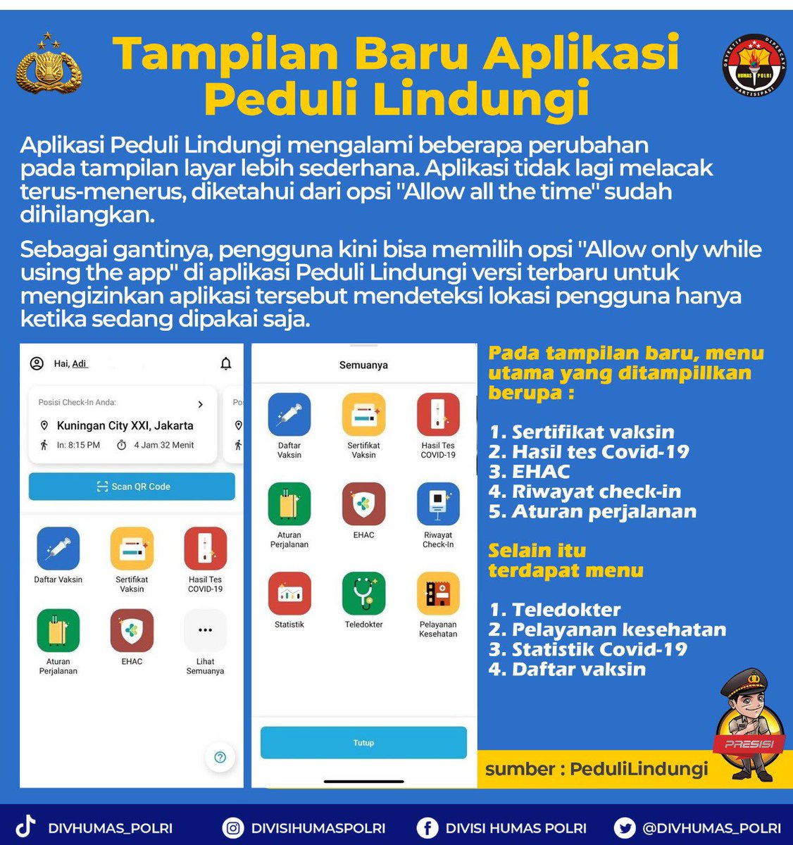 HumasPoldaJatim's tweet photo. Tampilan Baru Aplikasi Peduli Lindungi

sumber : PeduliLindungi

#AktifPeduliLindungi
Tetap Waspada Omicron https://t.co/H1gzxeSiVA