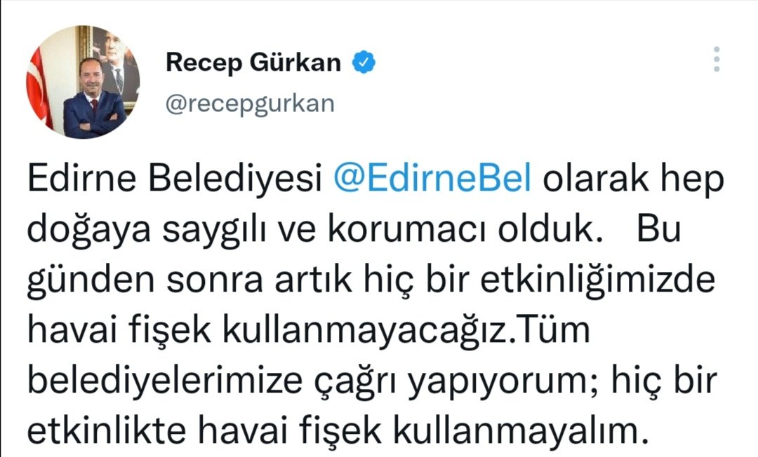 safak_kilic's tweet photo. Edirne Belediye Başkanımız @recepgurkan 2020 yılında atmış olduğu tweet. O günden beri belediyenin hiç bir etkinliğinde havai fişek kullanılmadı. 2022'nin ilk saniyeleri ile bir kez daha gördük ki; bu düşüncenin tüm ülkeye yayılması şart. @hayvanseverller @gztcom @alpertuydes https://t.co/ULBvkbxBQ1